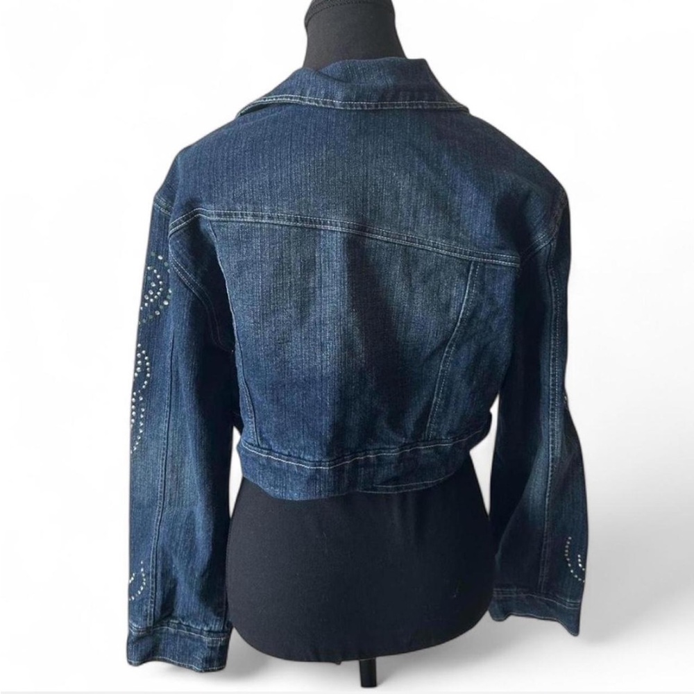 Women's Dark Blue Crop Denim Jacket with Rhinestone Details - Picture 5 of 6